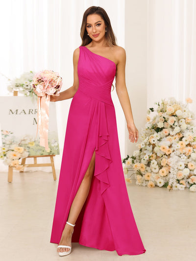 A-Line/Princess One-Shoulder Long Bridesmaid Dresses with Split Side