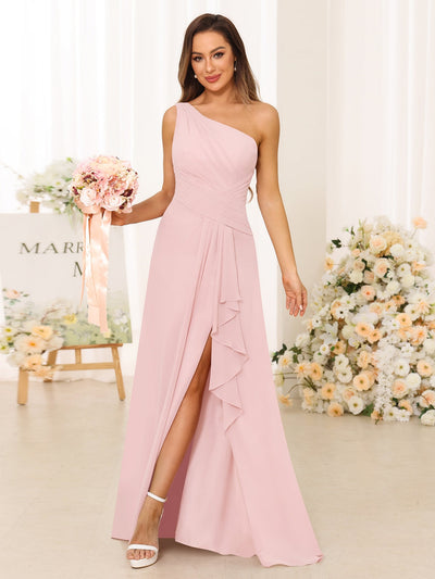 A-Line/Princess One-Shoulder Long Bridesmaid Dresses with Split Side