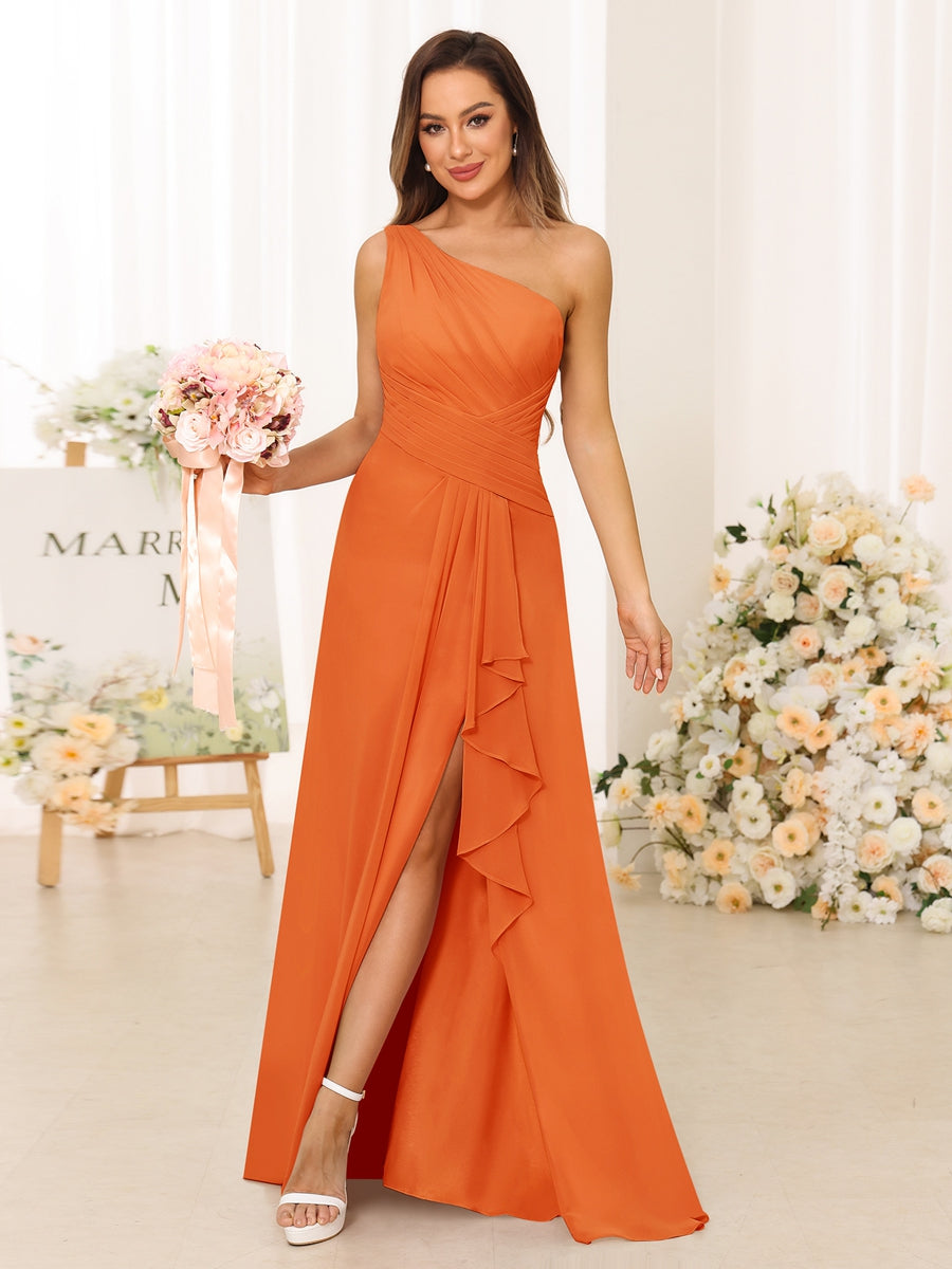 A-Line/Princess One-Shoulder Long Bridesmaid Dresses with Split Side