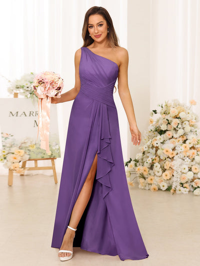 A-Line/Princess One-Shoulder Long Bridesmaid Dresses with Split Side