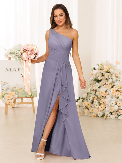 A-Line/Princess One-Shoulder Long Bridesmaid Dresses with Split Side