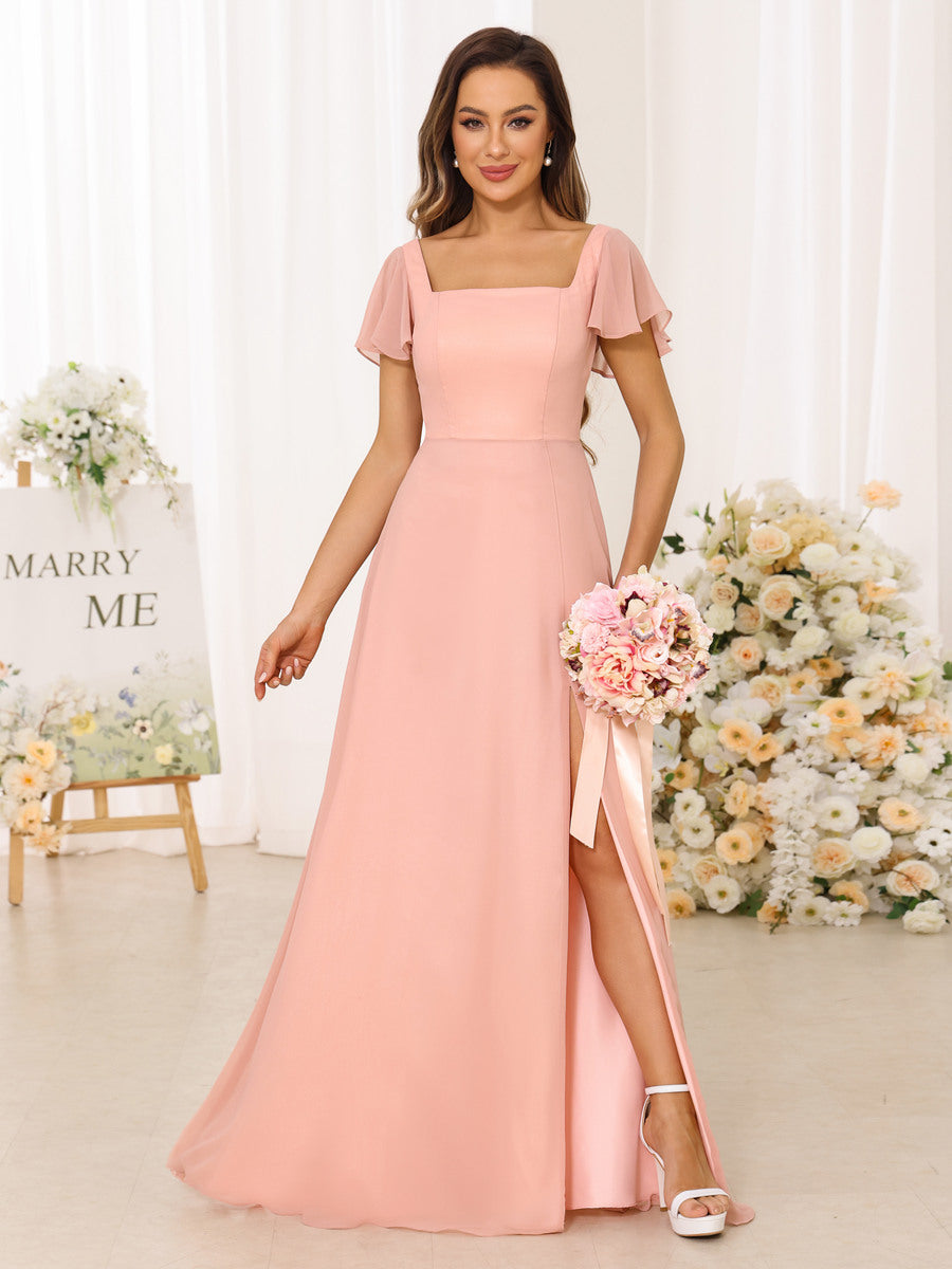 A-Line/Princess Square Neck Short Sleeves Long Bridesmaid Dresses With Split Side