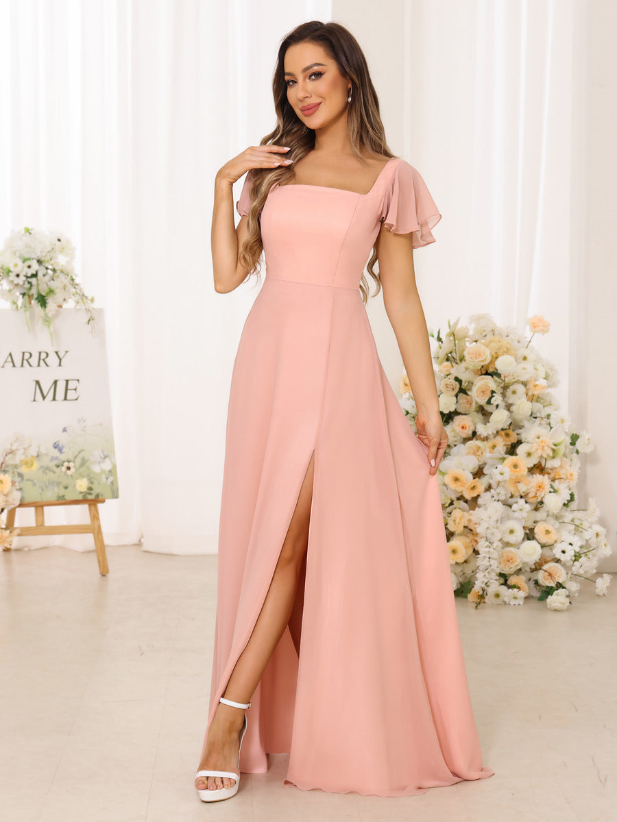 A-Line/Princess Square Neck Short Sleeves Long Bridesmaid Dresses With Split Side