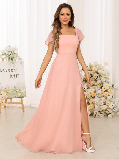 A-Line/Princess Square Neck Short Sleeves Long Bridesmaid Dresses With Split Side