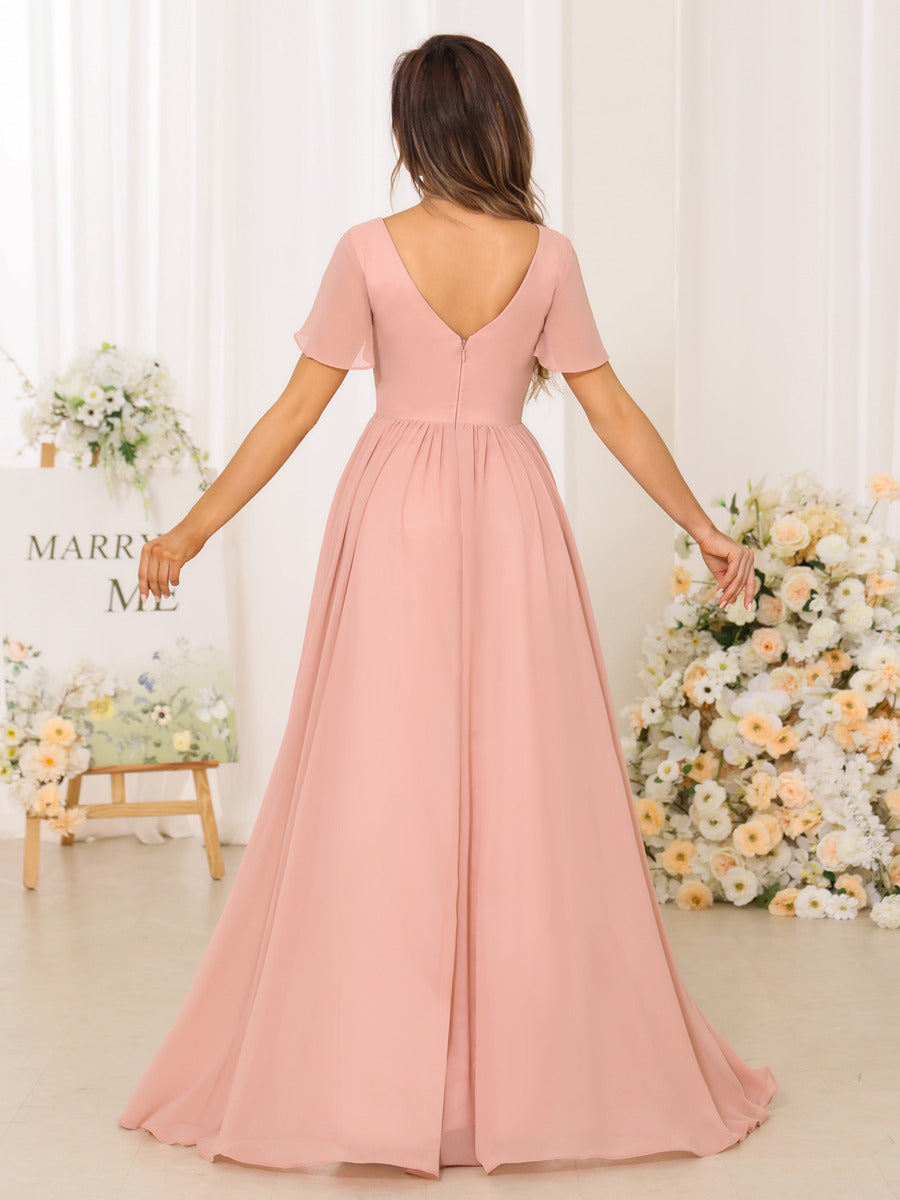 A-Line/Princess V-Neck Short Sleeves Long Bridesmaid Dresses With Split Side