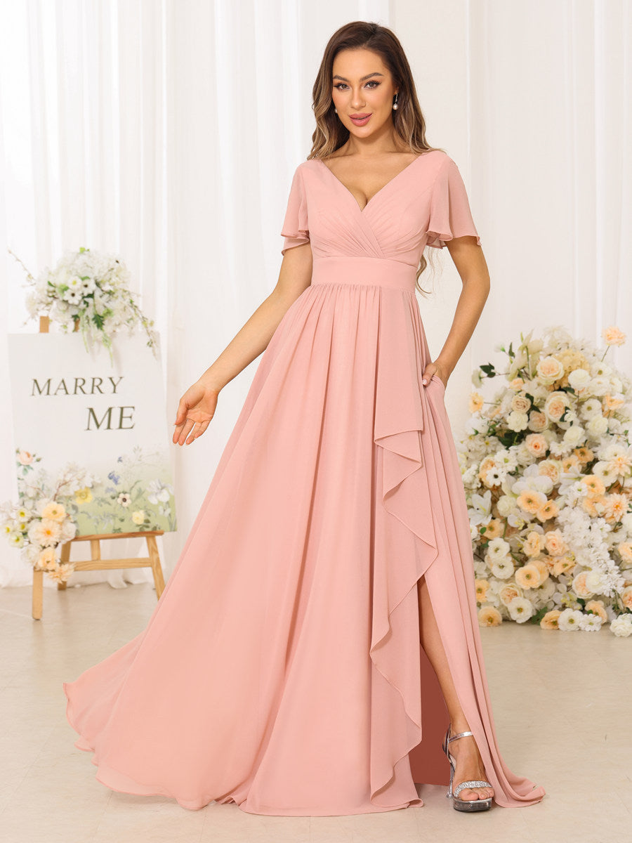 A-Line/Princess V-Neck Short Sleeves Long Bridesmaid Dresses With Split Side