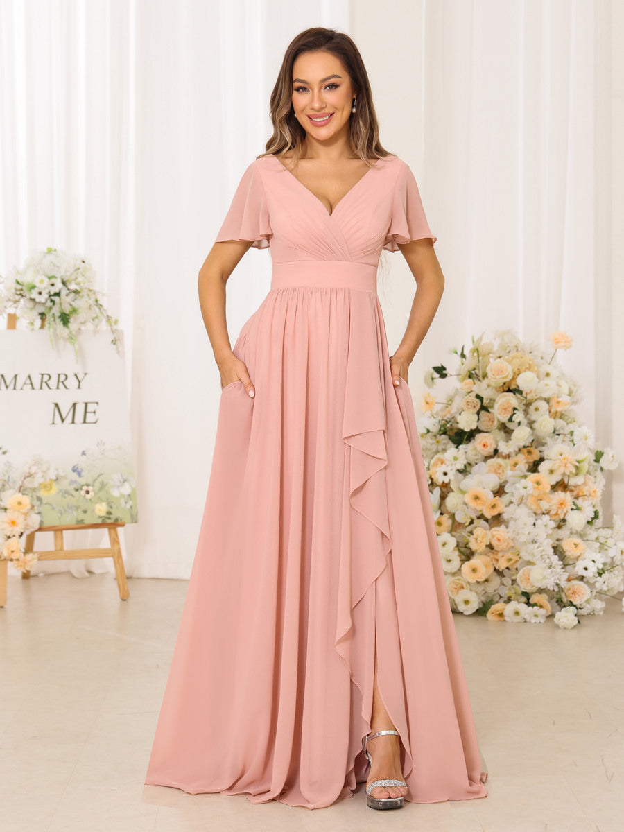 A-Line/Princess V-Neck Short Sleeves Long Bridesmaid Dresses With Split Side