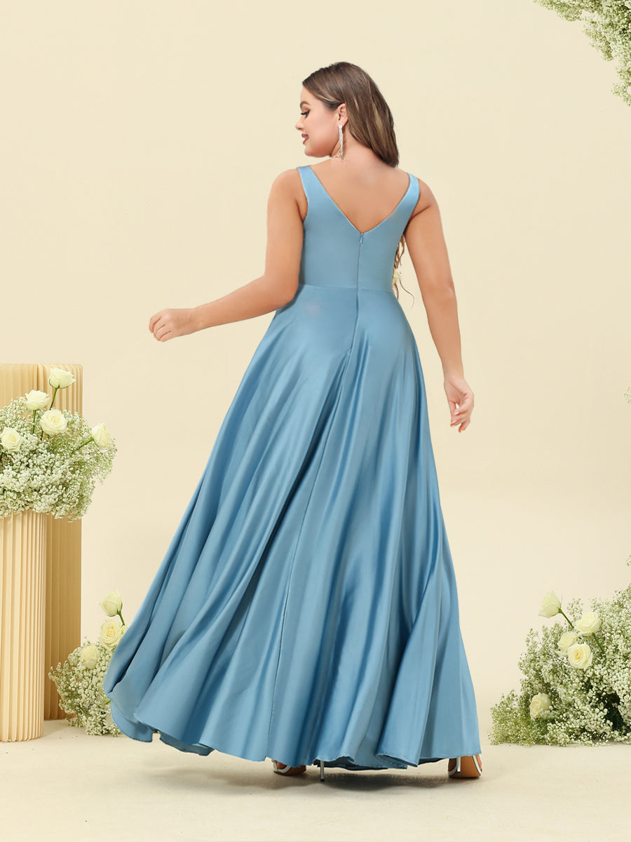 A-Line/Princess Floor-Length Sleeveless Ruffles Plus Size Bridesmaid Dresses With Split Side