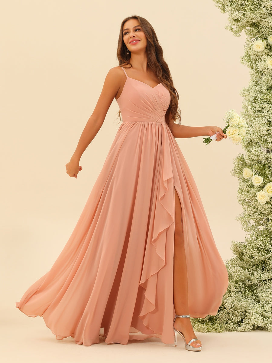 A-Line/Princess Floor-Length Spaghetti Straps Ruffles Bridesmaid Dresses With Split Side