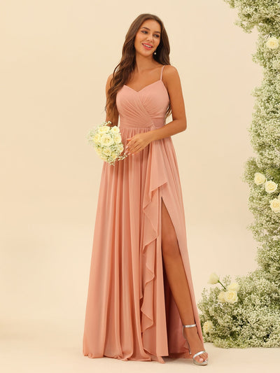 A-Line/Princess Floor-Length Spaghetti Straps Ruffles Bridesmaid Dresses With Split Side