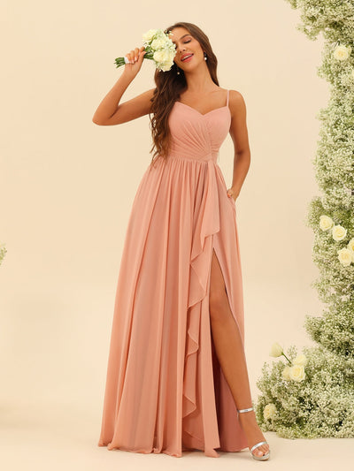 A-Line/Princess Floor-Length Spaghetti Straps Ruffles Bridesmaid Dresses With Split Side