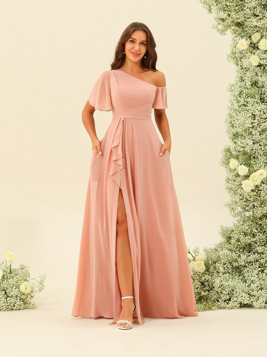 A-Line/Princess One-Shoulder Floor-Length Split Side Bridesmaid Dresses