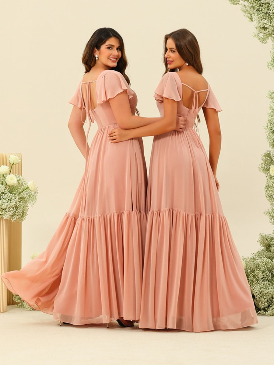 A-Line/Princess Ruffles Floor-Length Short Sleeves Plus Size Bridesmaid Dresses