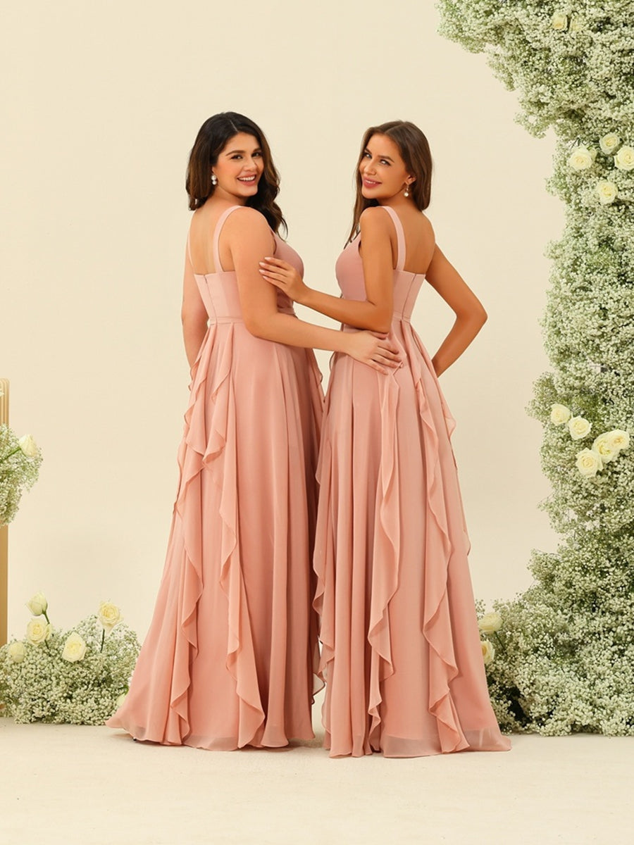 A-Line/Princess V-Neck Sleeveless Long Ruched Bridesmaid Dresses with Ruffles