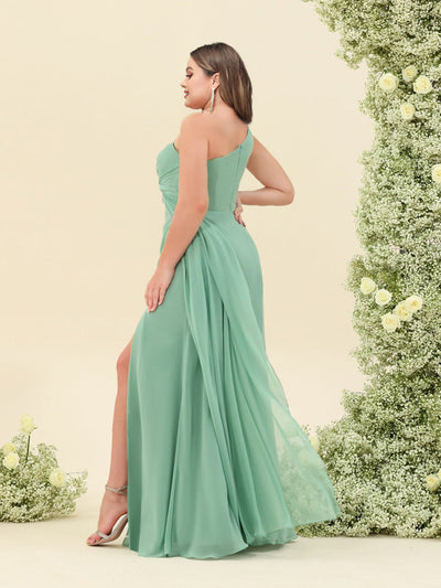 Sheath/Column One-Shoulder Long Ruched Plus Size Bridesmaid Dresses with Ruffles & Split Side