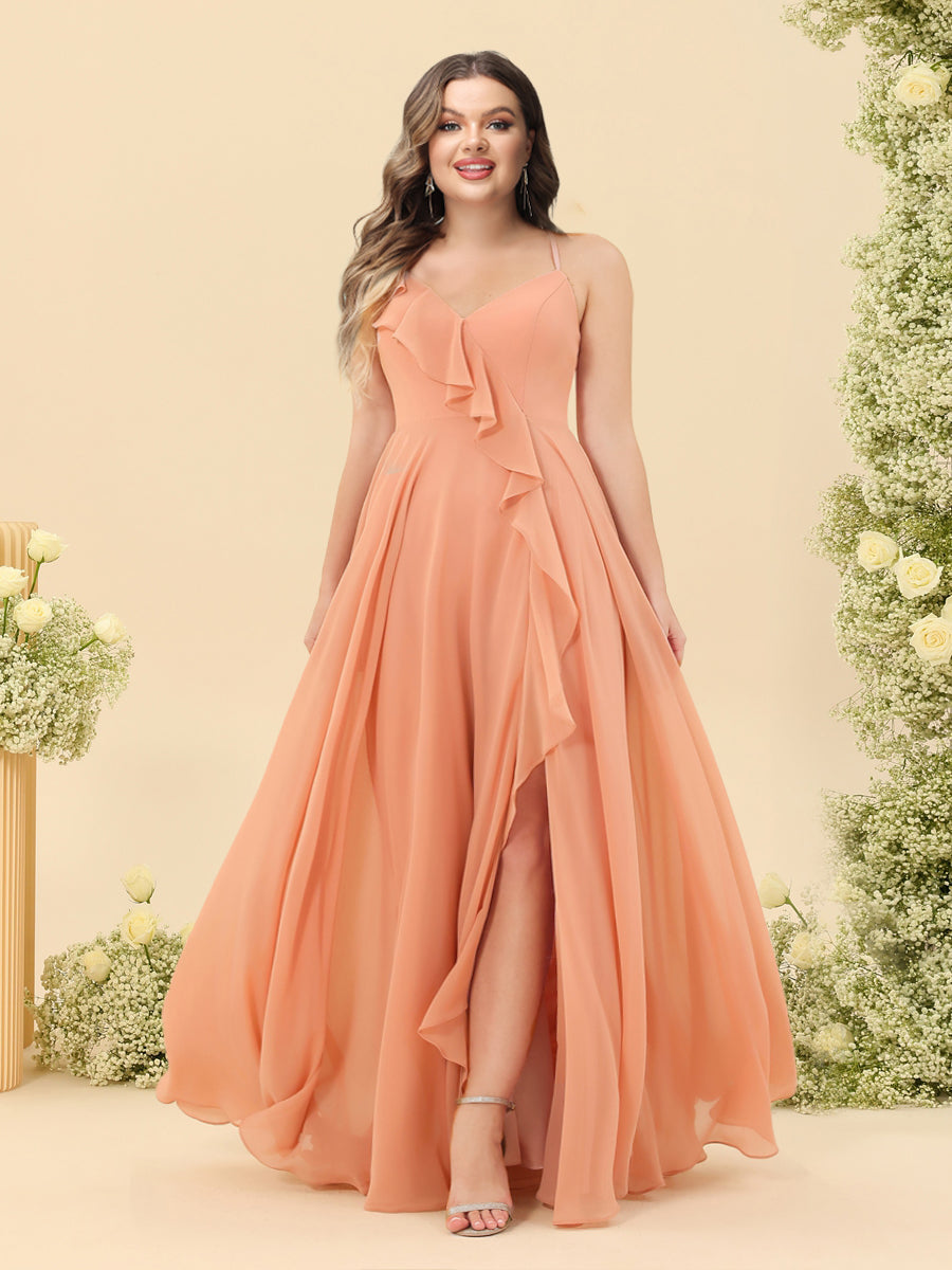 A-Line/Princess Spaghetti Straps V-Neck Long Plus Size Bridesmaid Dresses with Split Side & Ruffles