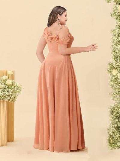 A-Line/Princess Cowl Neck Floor-Length Chiffon Long Plus Size Bridesmaid Dresses with Split Side