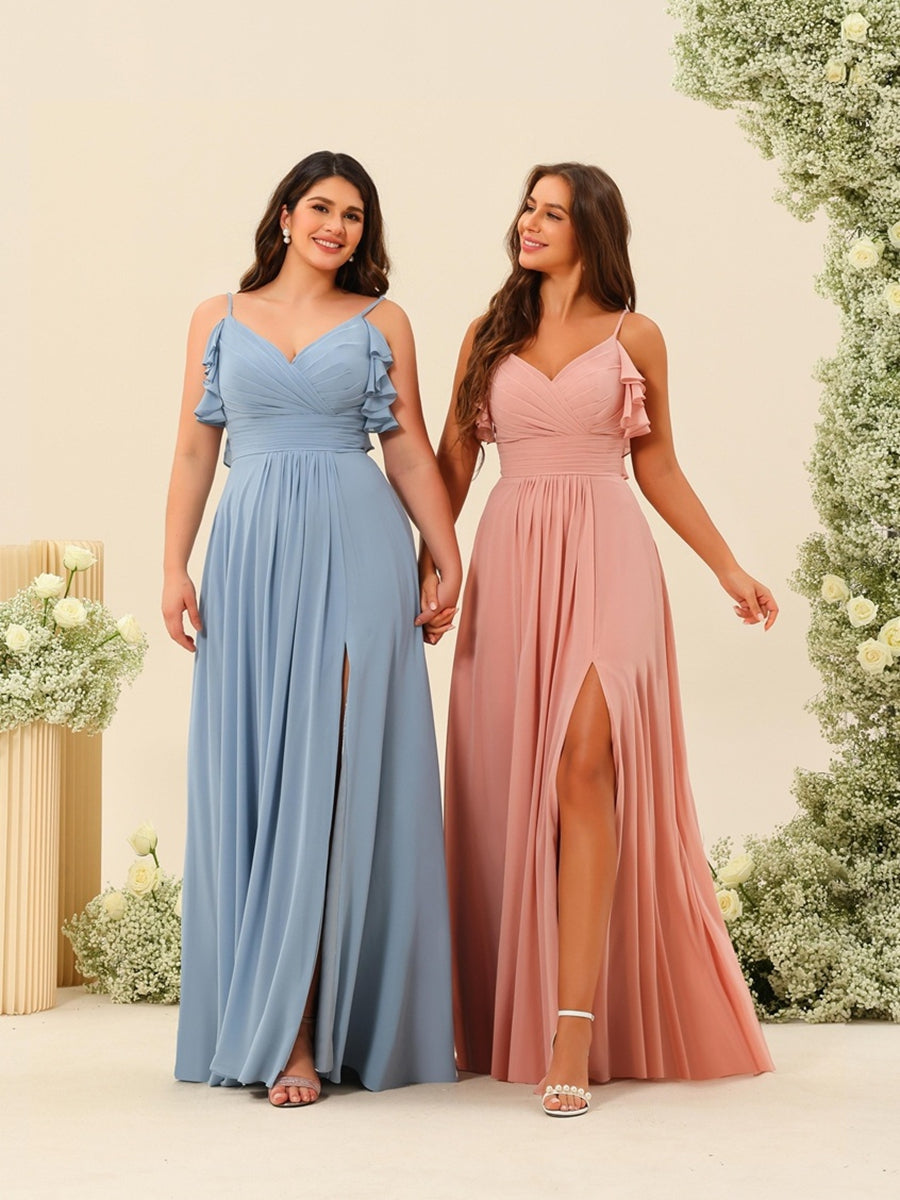 A-Line/Princess Spaghetti Straps Floor-Length Ruched Long Bridesmaid Dresses with Split Side