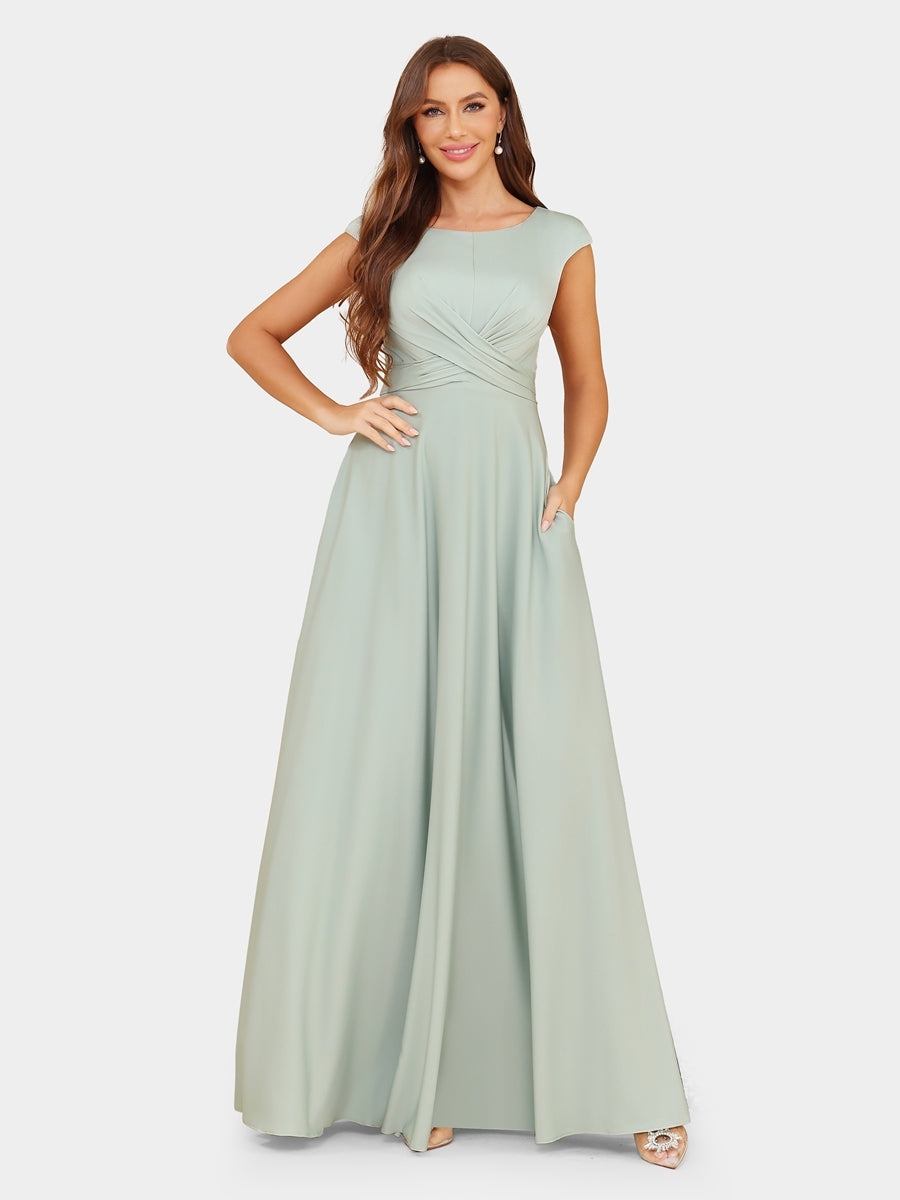 A-Line/Princess Scoop Short Sleeves Evening Dresses with Ruched