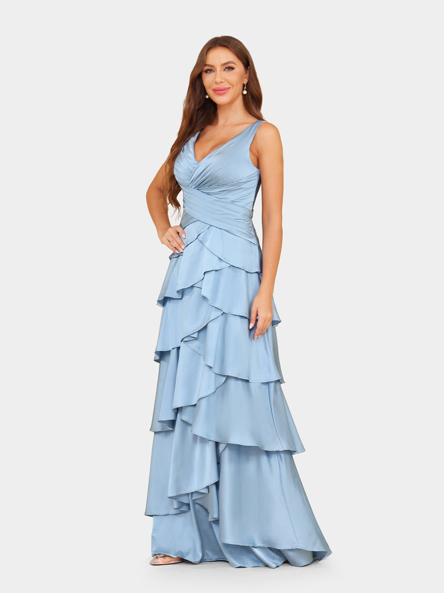 A-Line/Princess V-Neck Sleeveless Evening Dresses with Ruffles