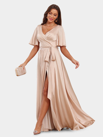 A-Line/Princess V-Neck Short Sleeves Evening Dresses with Belt