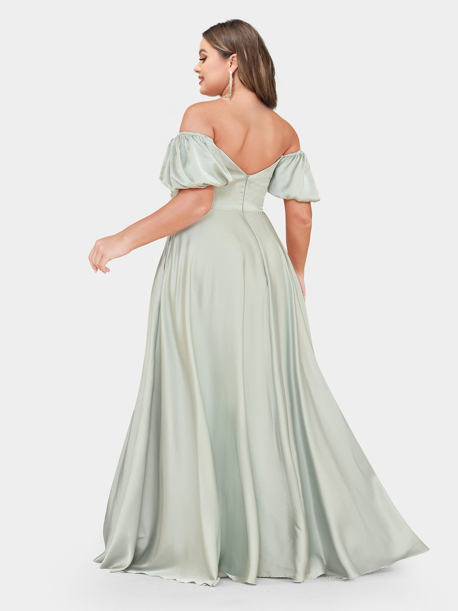 A-Line/Princess Off-the-Shoulder Puff Sleeves Plus Size Evening Dresses with Ruched