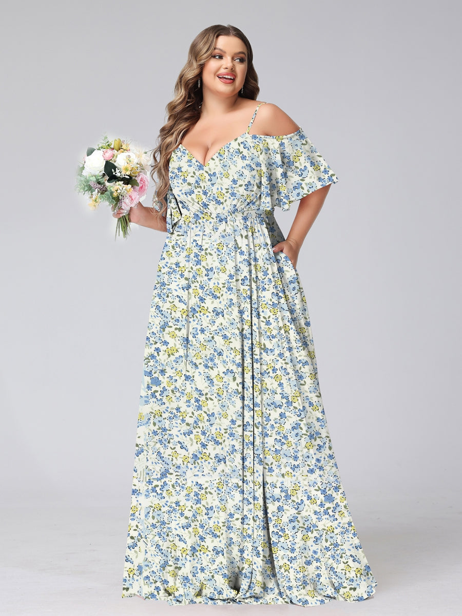 A-Line/Princess Cold Shoulder Short Sleeves Ruched Plus Size Floral Bridesmaid Dresses