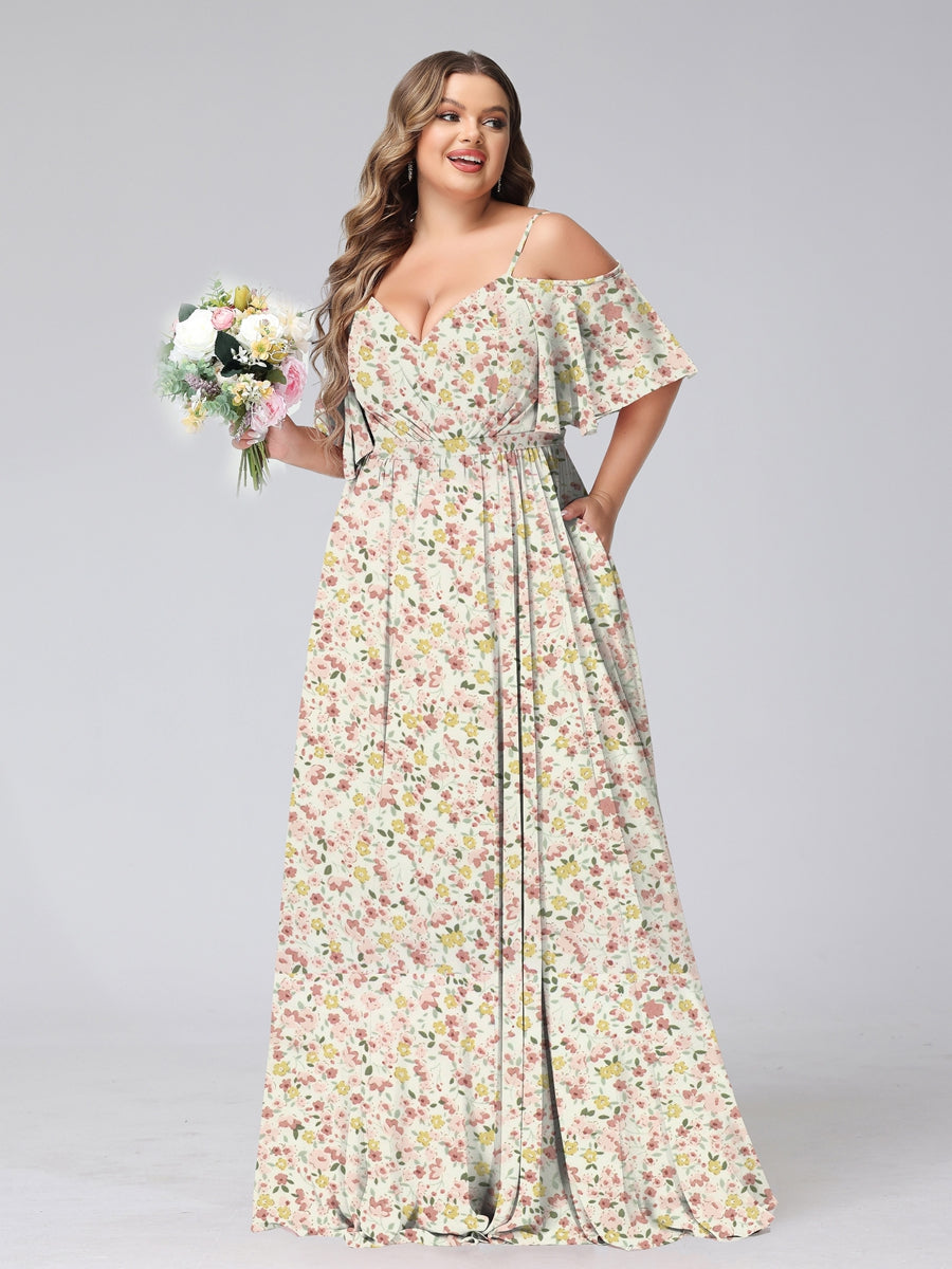 A-Line/Princess Cold Shoulder Short Sleeves Ruched Plus Size Floral Bridesmaid Dresses