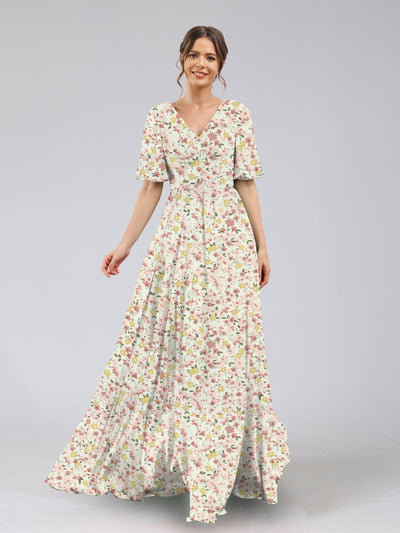 A-Line/Princess V-Neck Half Sleeves Ruched Floral Bridesmaid Dresses