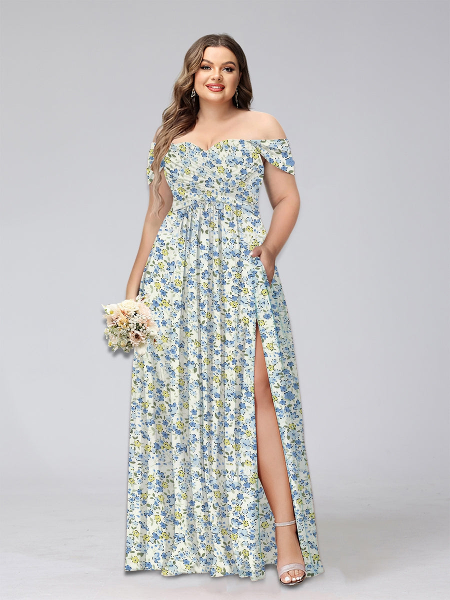 A-Line/Princess Off-the-Shoulder Short Sleeves Split Side Plus Size Floral Bridesmaid Dresses