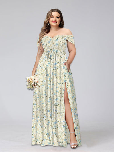 A-Line/Princess Off-the-Shoulder Short Sleeves Split Side Plus Size Floral Bridesmaid Dresses