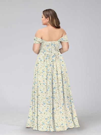 A-Line/Princess Off-the-Shoulder Short Sleeves Split Side Plus Size Floral Bridesmaid Dresses