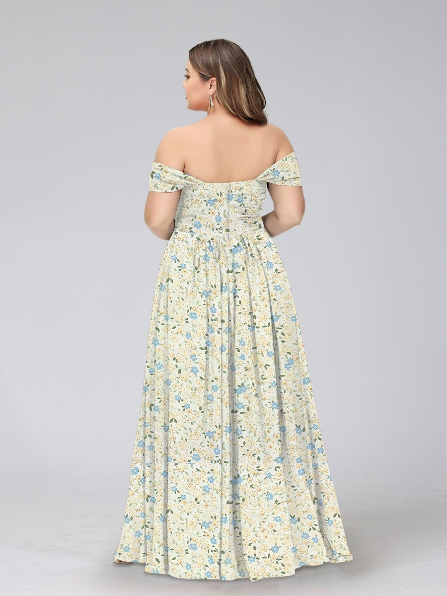 A-Line/Princess Off-the-Shoulder Short Sleeves Split Side Plus Size Floral Bridesmaid Dresses