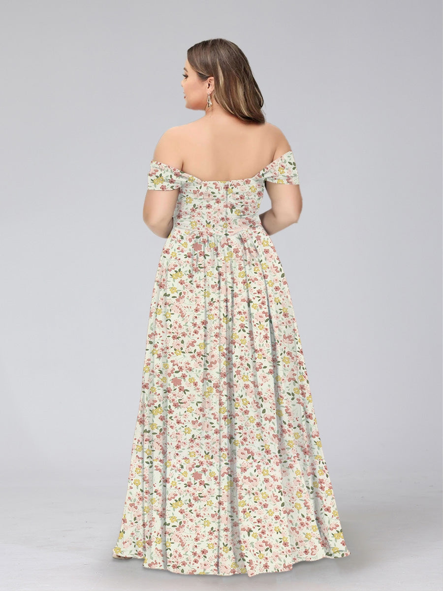 A-Line/Princess Off-the-Shoulder Short Sleeves Split Side Plus Size Floral Bridesmaid Dresses