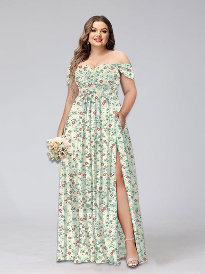 A-Line/Princess Off-the-Shoulder Short Sleeves Split Side Plus Size Floral Bridesmaid Dresses