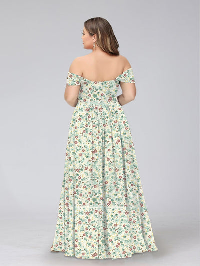 A-Line/Princess Off-the-Shoulder Short Sleeves Split Side Plus Size Floral Bridesmaid Dresses