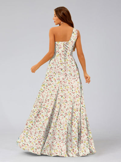 A-Line/Princess One-Shoulder Sleeveless Ruched Floral Bridesmaid Dresses