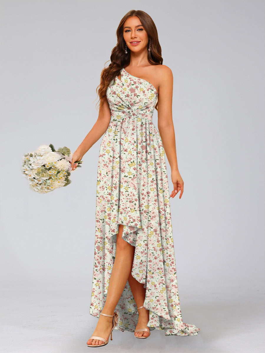 A-Line/Princess One-Shoulder Sleeveless Ruched Floral Bridesmaid Dresses