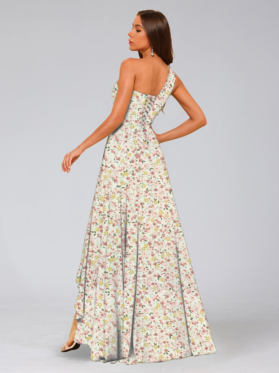 A-Line/Princess One-Shoulder Sleeveless Ruched Floral Bridesmaid Dresses