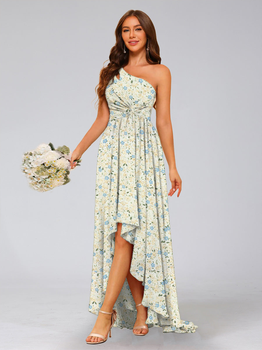 A-Line/Princess One-Shoulder Sleeveless Ruched Floral Bridesmaid Dresses