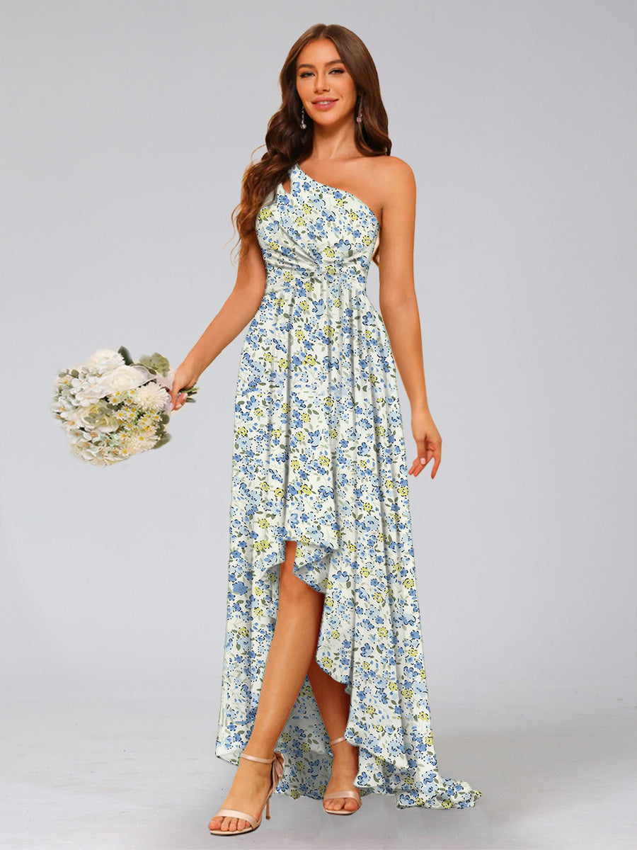 A-Line/Princess One-Shoulder Sleeveless Ruched Floral Bridesmaid Dresses