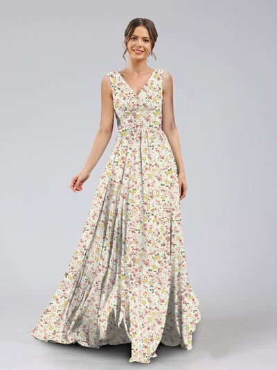 A-Line/Princess V-Neck Sleeveless Ruched Floral Bridesmaid Dresses