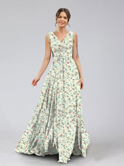 A-Line/Princess V-Neck Sleeveless Ruched Floral Bridesmaid Dresses