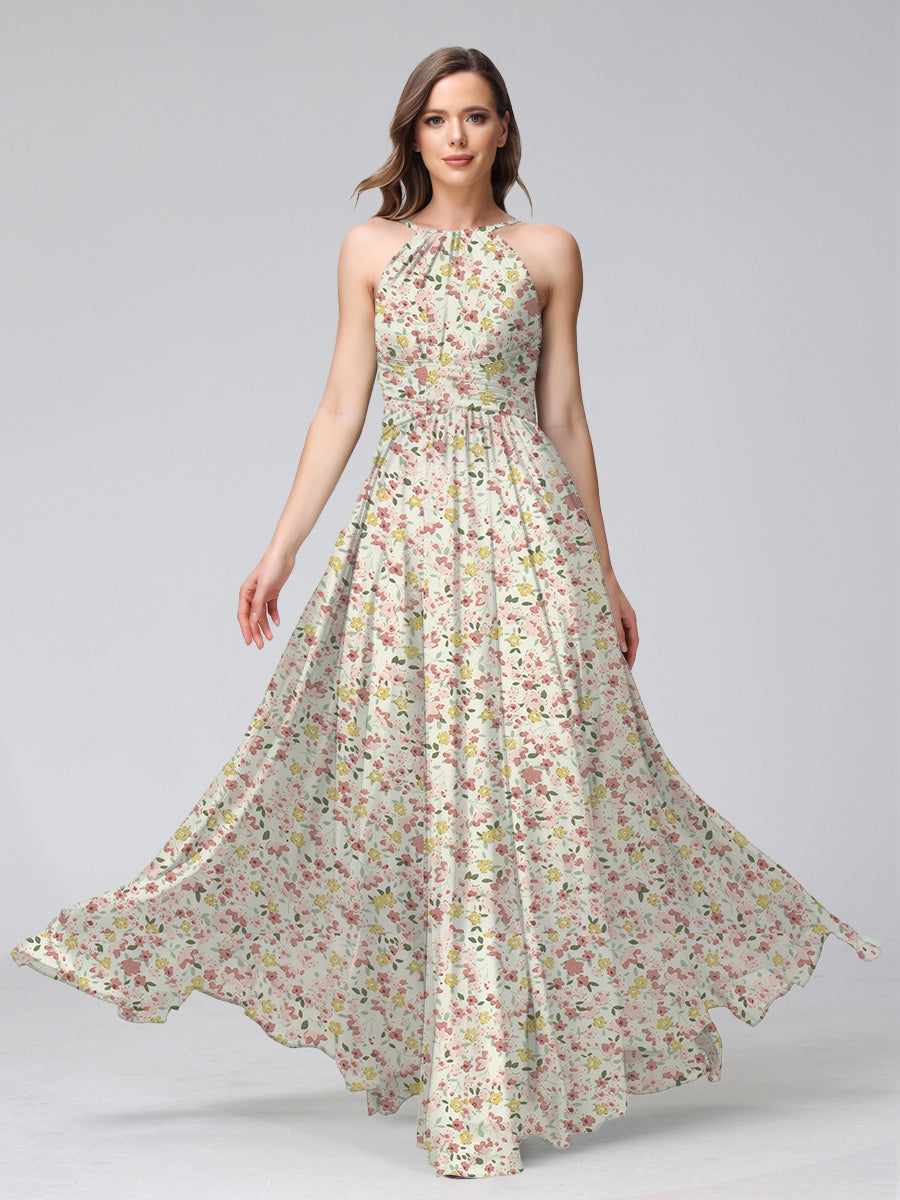 A-Line/Princess Halter Sleeveless Ruched Floral Bridesmaid Dresses