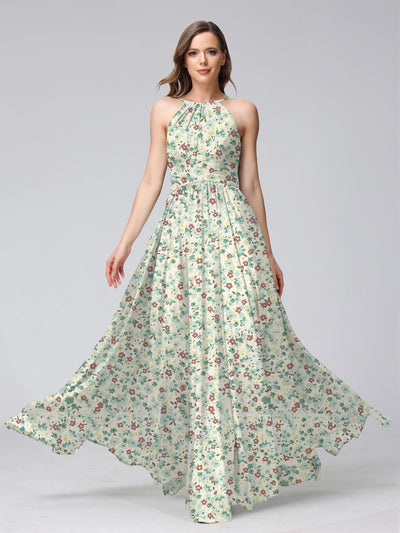 A-Line/Princess Halter Sleeveless Ruched Floral Bridesmaid Dresses