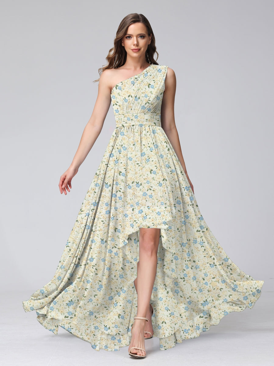 A-Line/Princess One-Shoulder Sleeveless Ruched Floral Bridesmaid Dresses