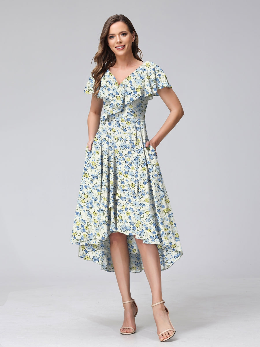 A-Line/Princess V-Neck Short Sleeves Ruffles Floral Bridesmaid Dresses