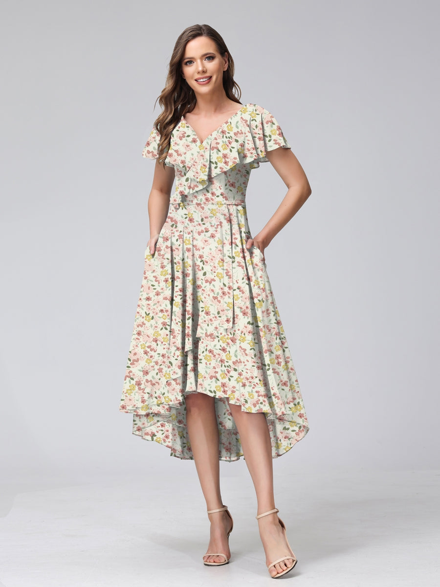 A-Line/Princess V-Neck Short Sleeves Ruffles Floral Bridesmaid Dresses