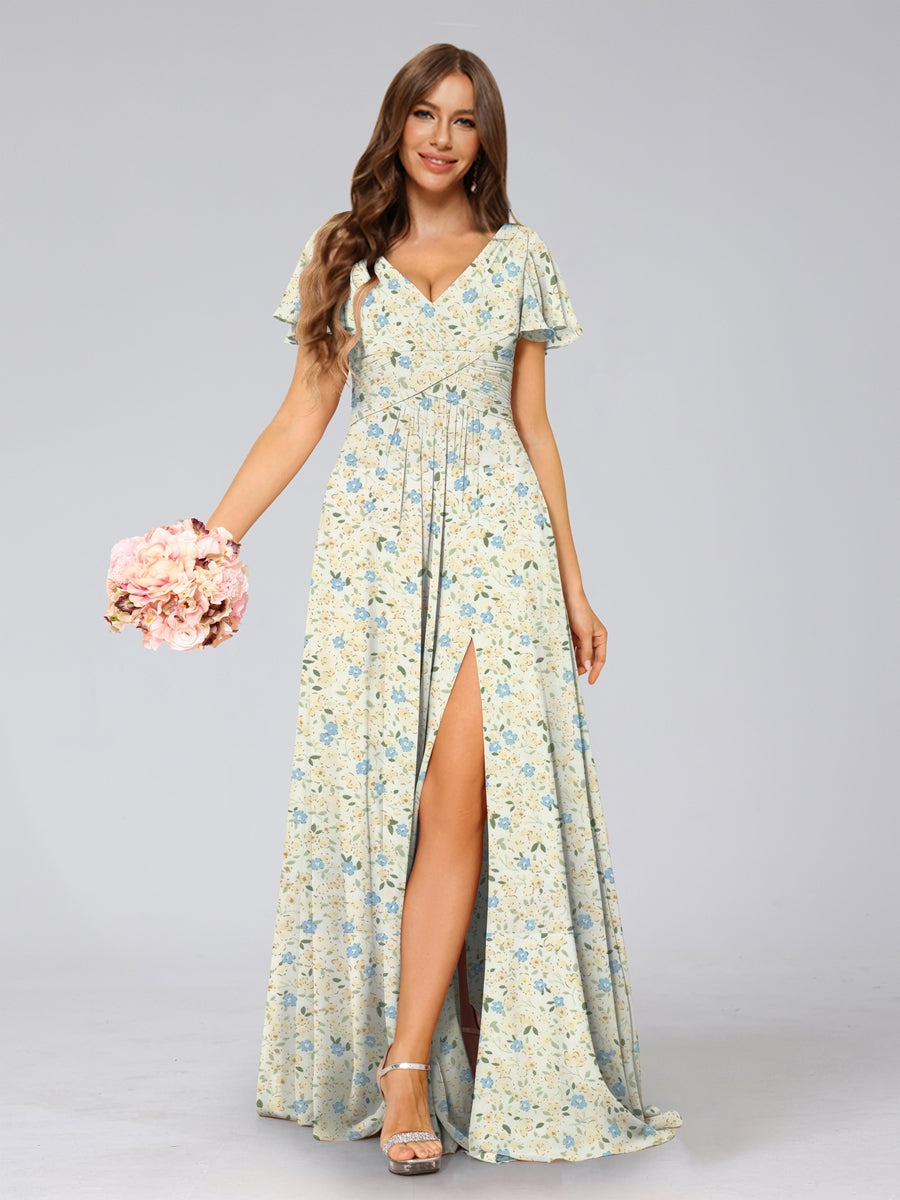 A-Line/Princess V-Neck Short Sleeves Split Side Floral Bridesmaid Dresses