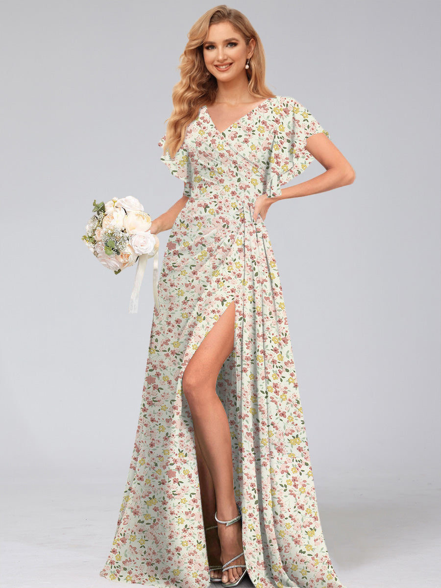 A-Line/Princess V-Neck Short Sleeves Watteau Train Floral Bridesmaid Dresses